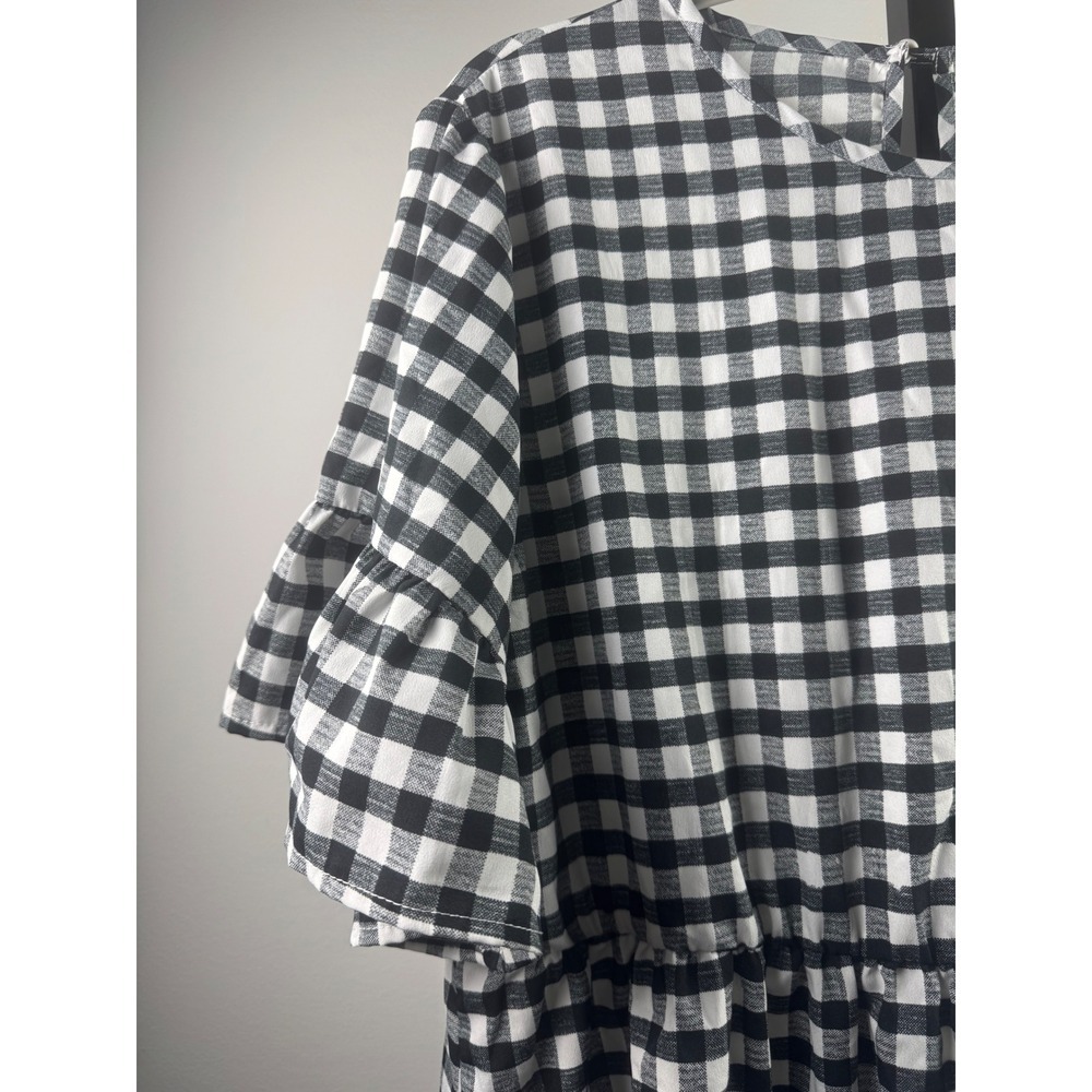 Boohoo Gingham Dress Womens 14 Black White Excellent Ruffle Sleeve Babydoll - Picture 2 of 10